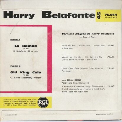 Harry Belafonte - La bamba + Old king cole (Vinylsingle)