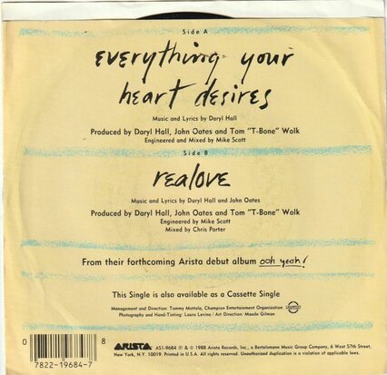 Hall & Oates - Everything your heart desires + Realove (Vinylsingle)