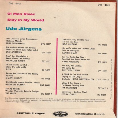 Udo Jurgens - Ol Man river + Stay in my world (Vinylsingle)