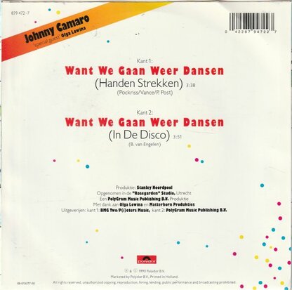 Johnny Camaro - Want we gaan weer dansen + In de disco (Vinylsingle)