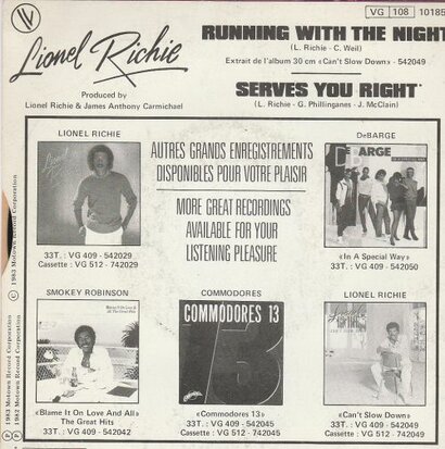 Lionel Richie - Running with the night + Serves you right (Vinylsingle)