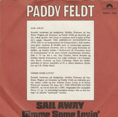 Paddy Feldt - Sail Away + Gimme Some Lovin' (Vinylsingle)