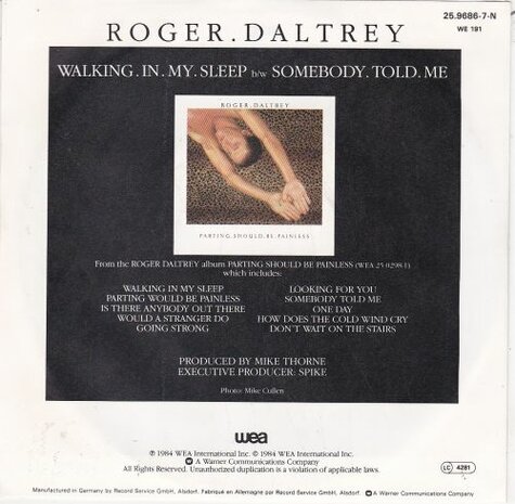 Roger Daltrey - Walking in my sleep + Somebody told me (Vinylsingle)