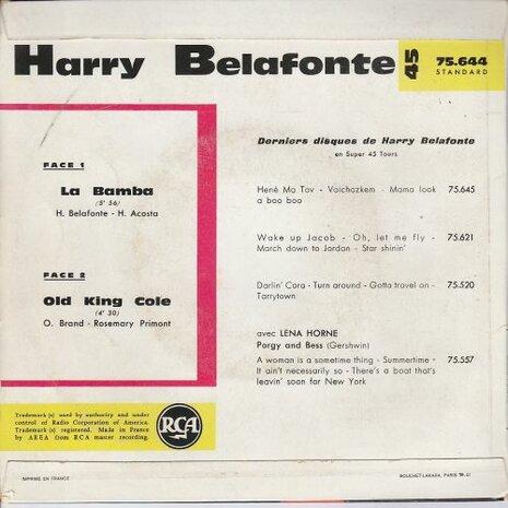 Harry Belafonte - La bamba + Old king cole (Vinylsingle)