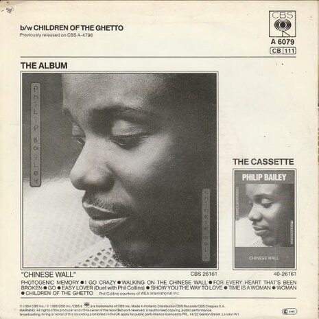 Philip Bailey - Walking on the chinese wall + Children of the ghetto (Vinylsingle)