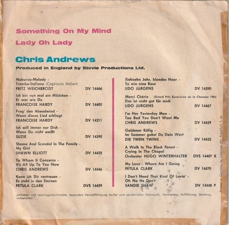 Chris Andrews - Lady Oh Lady + Something on my mind (Vinylsingle)