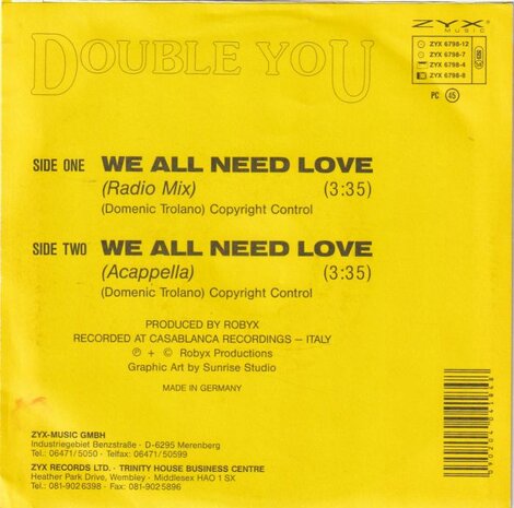 Double You - We all need love + (acapella) (Vinylsingle)