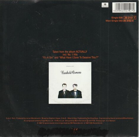 Pet Shop Boys - Rent + I want a dog (Vinylsingle)