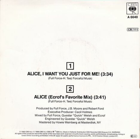 Full Force - Alice, I want you just for me + (Favorite mix) (Vinylsingle)